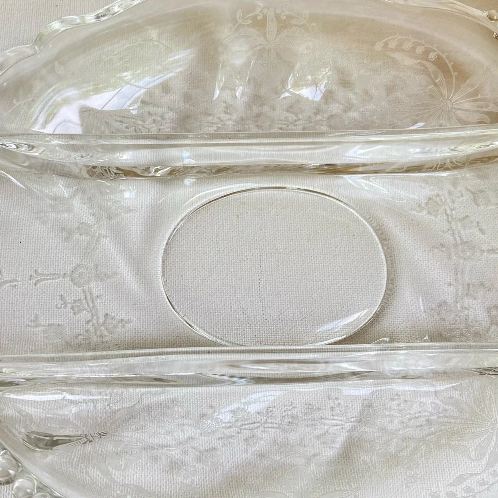 Heisey Glass etched orchids vintage clear divided three part serving tray dish